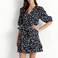 NWT $145 Lauren Ralph Lauren Print Tie-Front Cotton Puff-Sleeve Dres sz 8 Navy