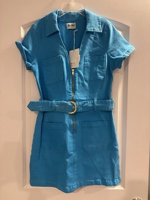 Show Me Your MuMu Blue Collared Belted Zip-Front Romper Cotton Size L