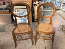 Balloon Back Dining Chairs x 2 Brown Wooden Frame Wicker Seats Vintage Antique