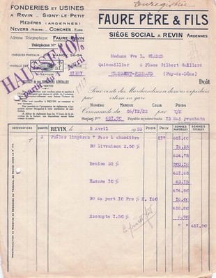08 ARDENNES REVIN Gießerei FAURE PERE FILS 1923 Gießerei
