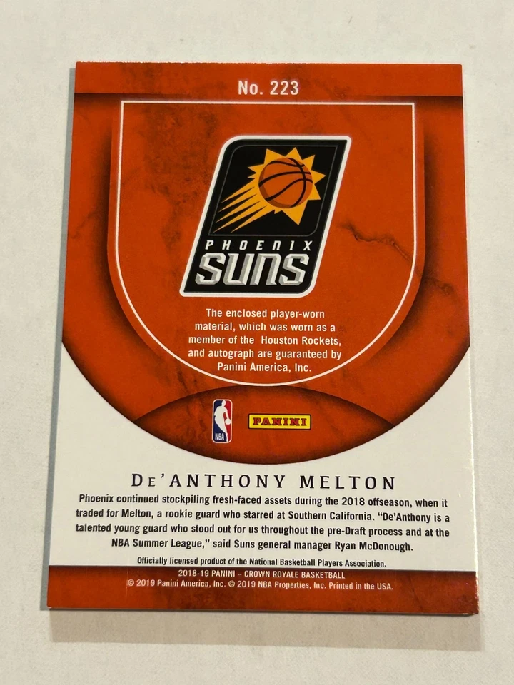 2018-19 Crown Royale De'Anthony Melton 158/199 Silhouette RC Patch Auto E1 - Image 2 of 2