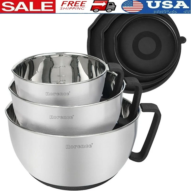 Stainless Steel Mixing Bowls Set W/ Silicone Handles & Non-Slip Bottoms New