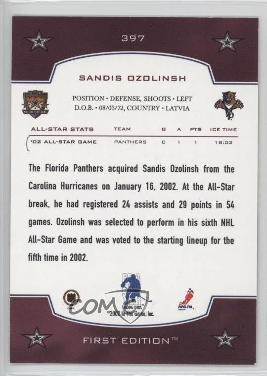 2002 ITG Be A Player First Edition Suffolk Downs II Boston /10 Sandis Ozolinsh - Image 2 of 2