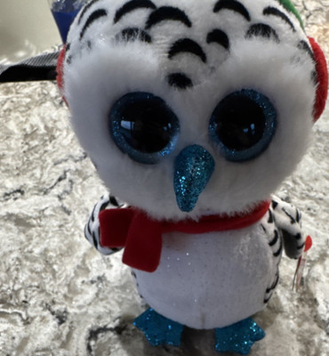 Ty Beanie Boos Nester White Owl Plush with Red Scarf & Blue Glitter Feet