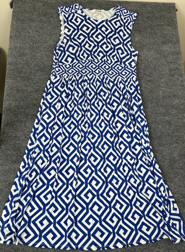 Boden Thea Sleeveless Blue White Geometric Print jersey Dress 12 R