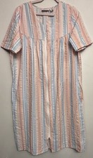 Country Store Size L Full-Zip Seersucker Housecoat Pastel Striped Short Sleeve