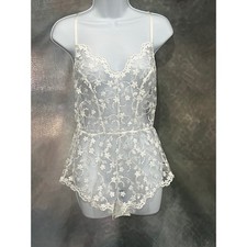 Mapale White Floral Embroidered Lace Teddy Bodysuit Romper Sheer Bridal Medium
