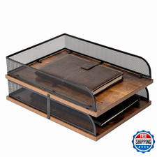 Set of 2 Vintage Wood  Metal 2-Tier Letter Tray Desk Organizer Paper File Holde