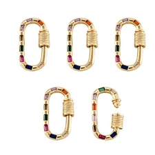 5Pcs Brass Cubic Zirconia Screw Carabiner Lock Charms Oval Necklace Lock Clip...