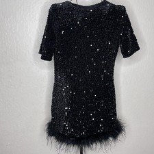 Fashion Nova Christy Black Sequin Feather Trim Mini Dress Women’s Size Medium