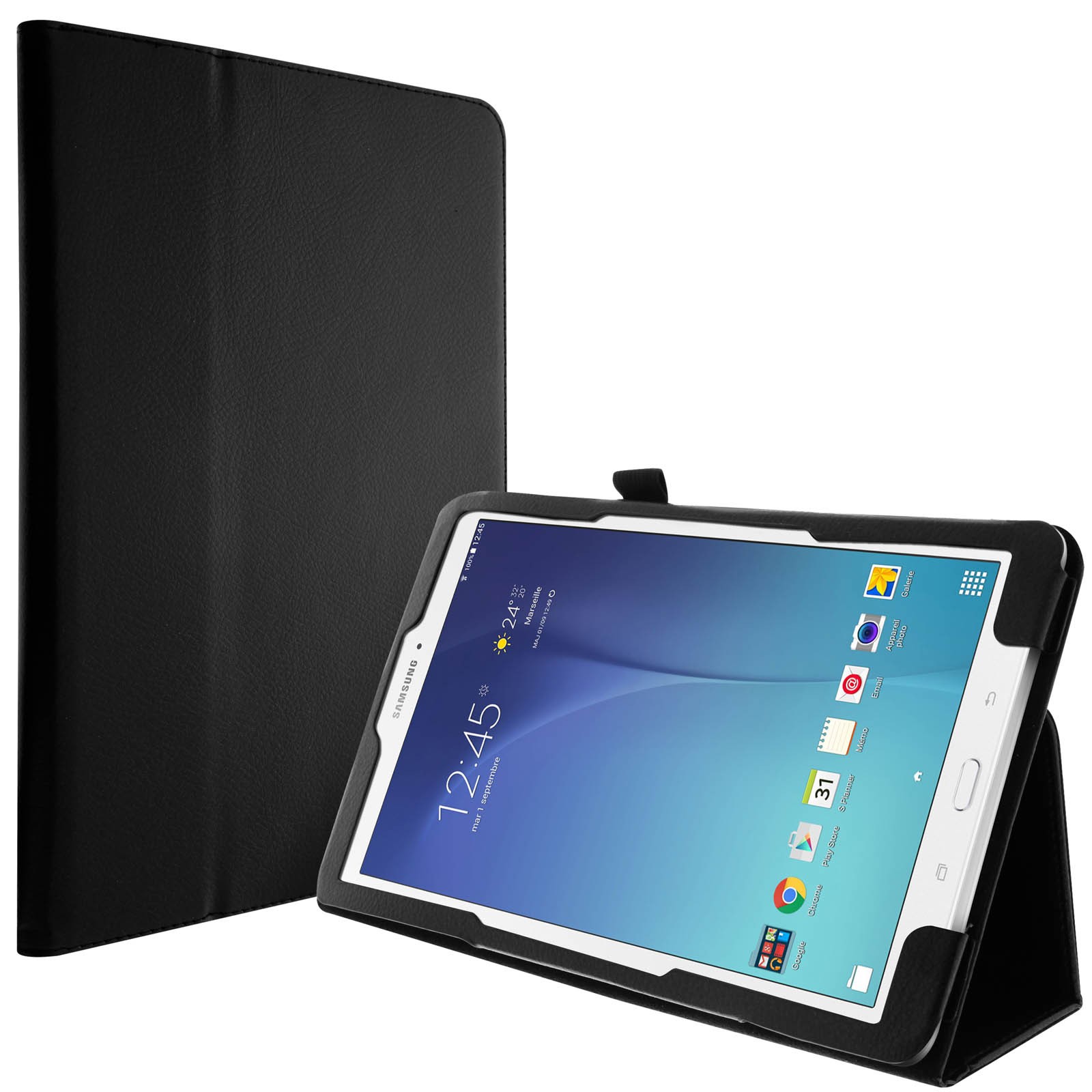 Coque Galaxy Tab E 9.6 noire anti-chute avec support de table