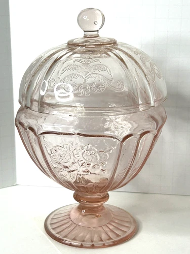 Lot of 2  Pink Depression Glass Pedestal Candy Dish,  Madrid Pink Butter Dish Li