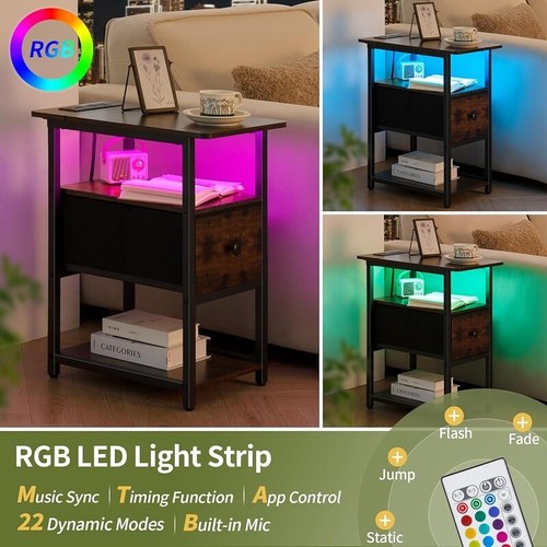 Narrow End Table W/ Charging Station Adjustable Drawer LED Light Nightstand New - Picture 5 of 9