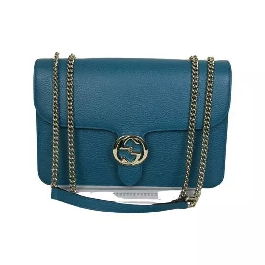 Gucci Interlocking G Shoulder Bag Small Mineral Blue in Pebbled Calfskin  with Light Gold-tone - US