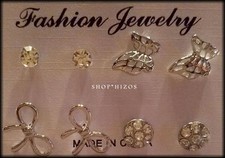 SILVER GOLD BUTTERFLY BOW CRYSTAL RHINESTONE STUD EARRINGS 4 PIECE SET NEW