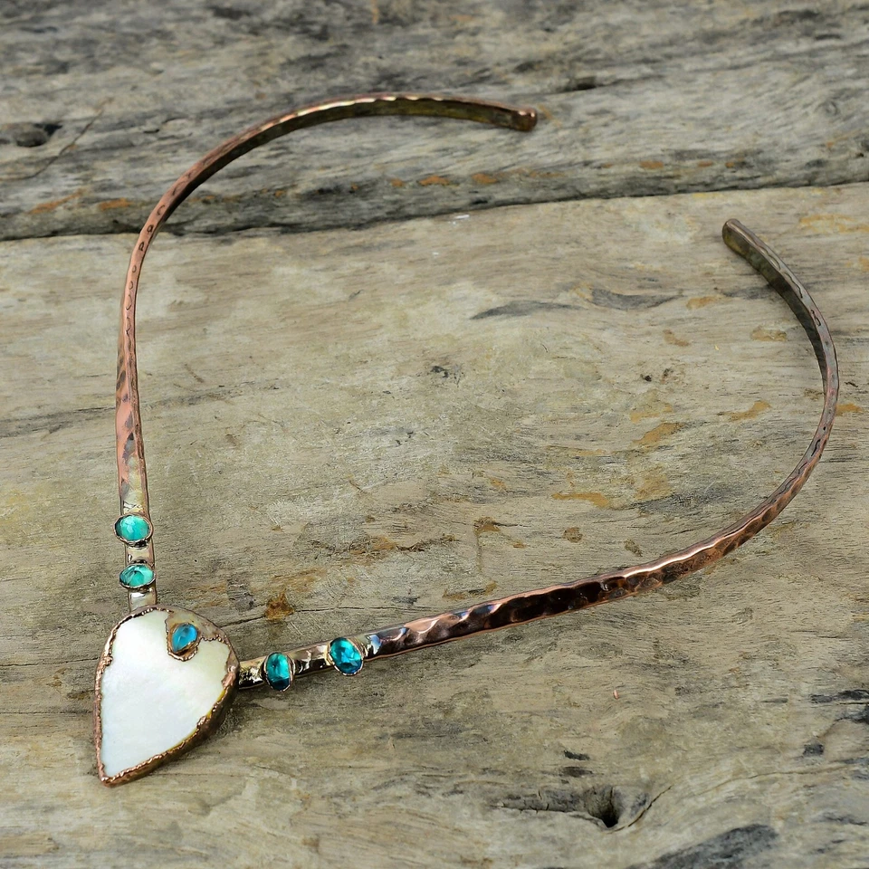 Natural Mother Of Pearl Indicolite Choker Electroformed Necklace Jewelry Copper - Image 3 of 4