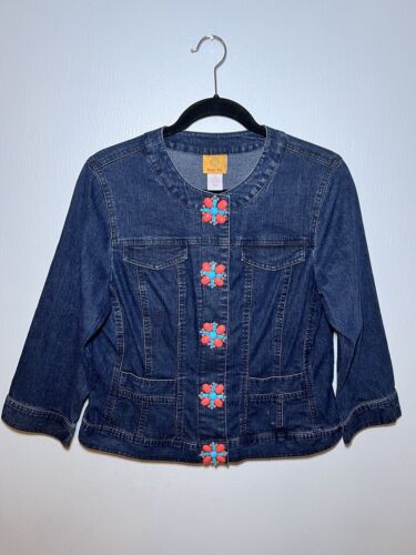 RUBY RD. WOMENS BLUE DENIM JACKET BOHO CHUNKY CORAL & TURQUOISE BUTTONS. 10 - Picture 4 of 14