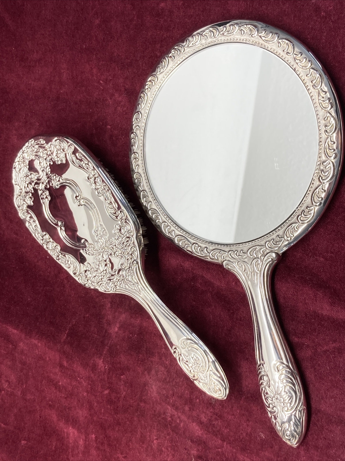 Antique VINTAGE Ornate Silver Plated Hand Mirror and Brush Vanity Set
