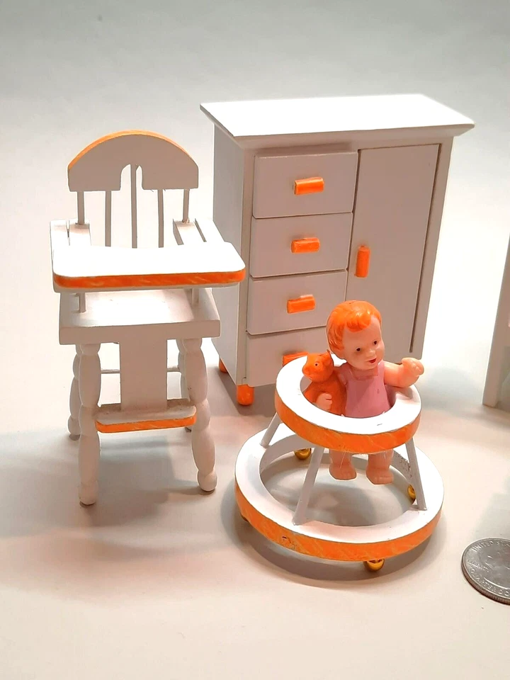 Dollhouse Miniature - Nursery Set, 6 piece, white with orange trim - Image 2 of 4