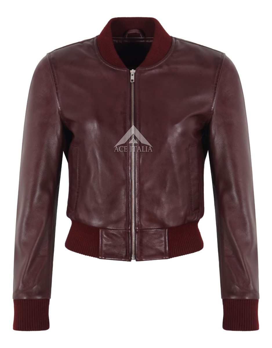 Ladies Bomber Leather Jacket Short Body Cherry Waxed Style Casual Fashion  Jacket
