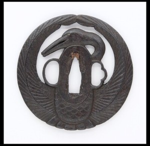 Rare Edo era Antique Iron Crane Tsuba for Samurai Sword Katana