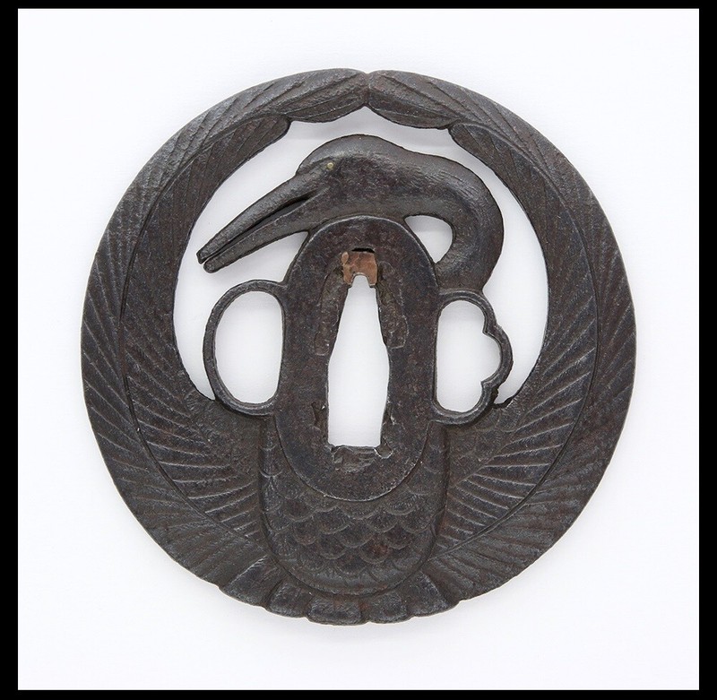 Rare Edo era Antique Iron Crane Tsuba for Samurai Sword Katana