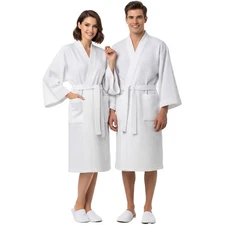Waffle Kimono Spa Robe White – Unisex Lightweight Bathrobe Cotton Blend - AR01