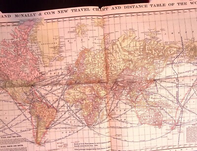 1904 Rand McNally World Map New Travel Chart & Distance Table Antique Steamship