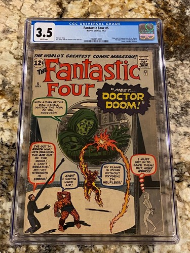 FANTASTIC FOUR #5 CGC 3.5 RARE WHITE PAGES! NEVER PRESSED! 1ST DR DOOM HOT GRAIL