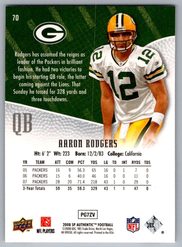 2008 SP Authentic Aaron Rodgers Green Bay Packers #70 - Image 2 of 2