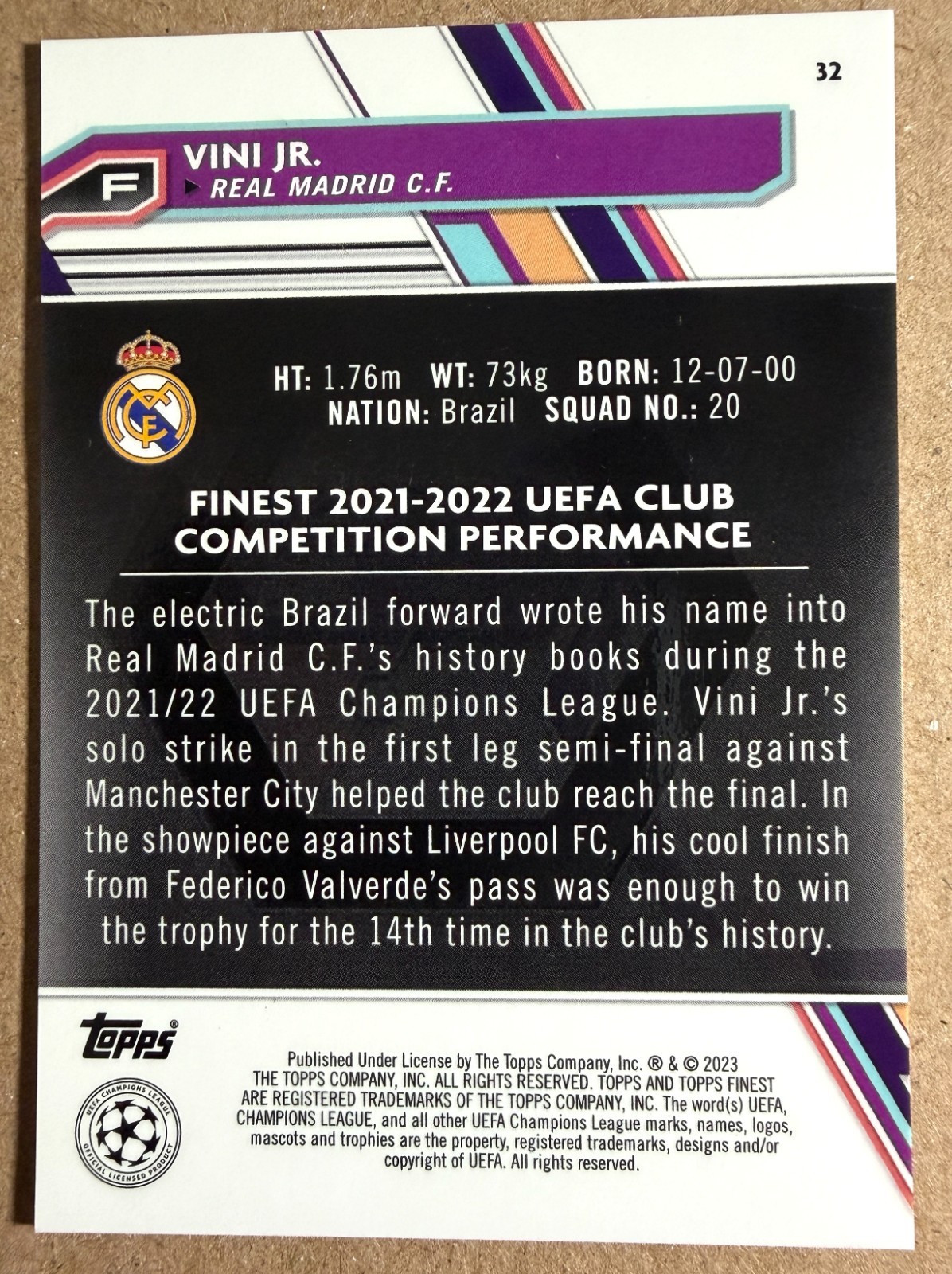 VINICIUS JR.  2022-23 Topps Finest Blue Foil  /150 view 3