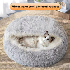 Cat Bed Round Plush Fluffy Hooded Cat Bed Cave Soothing Pet Beds Small 16in 16in