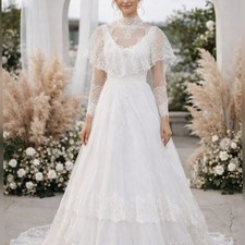 Alfred Angelo Vintage 80s White Lace High Neck Long Sleeve Wedding Dress sz 6