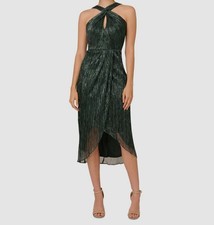 Adrianna Papell Womens Green Crinkle Metallic Halter Midi Dress Size 16