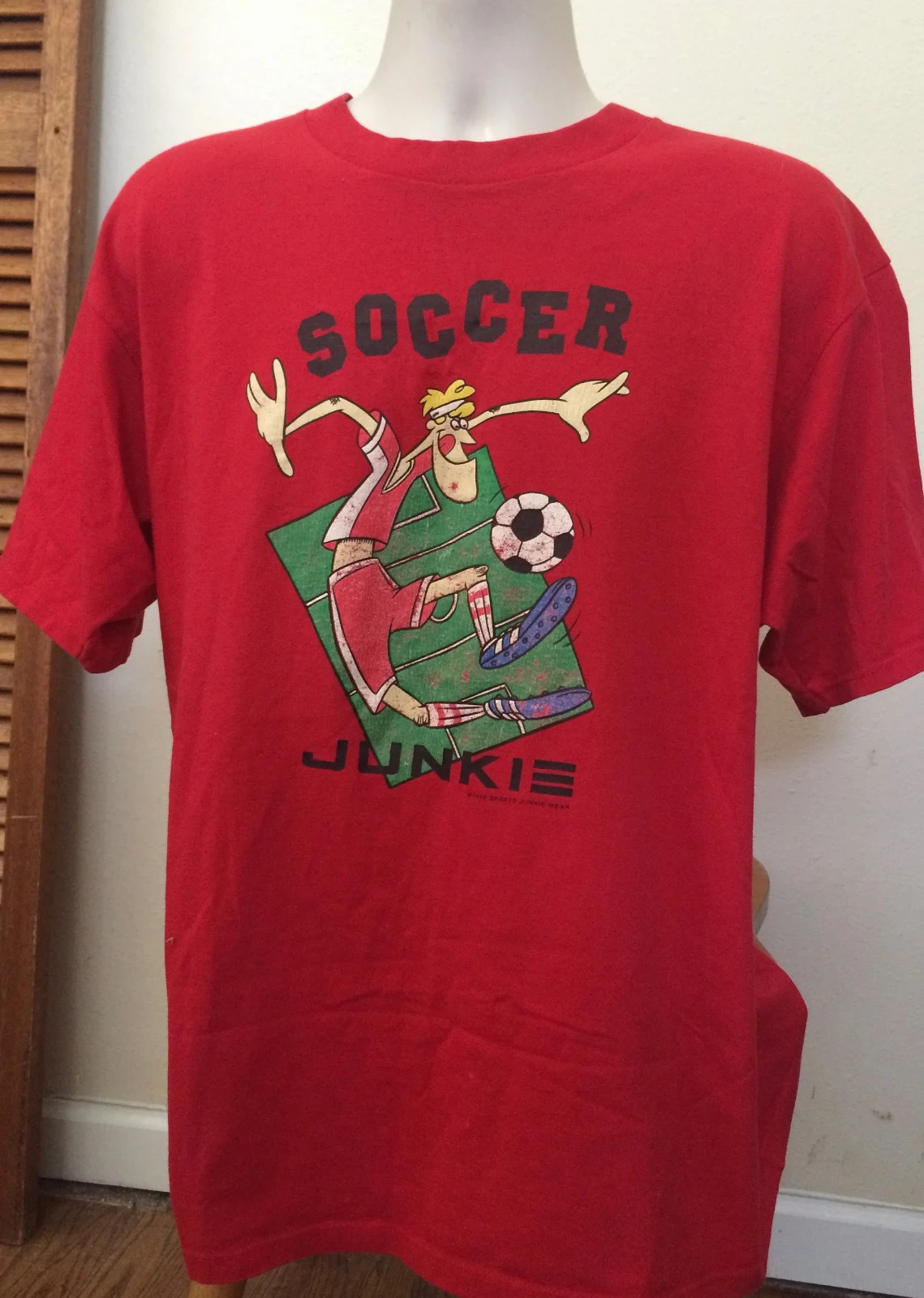 Vintage Soccer T Shirt Jersey 1995 "Soccer Junkie" NUTMEG Red T shirt Adult XL