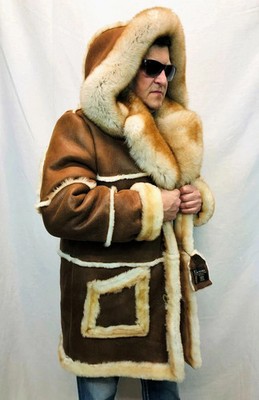 Genuine Sheepskin Shearling Leather Jacket Men's Brown Western Trench Coat