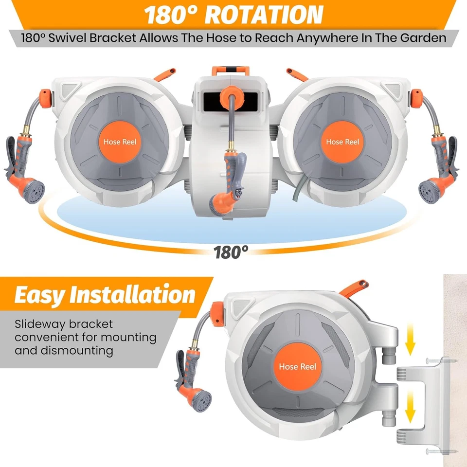 Retractable Garden Water Hose Reel Wall Mounted 1/2" x 130 ft Automatic Rewind - Image 4 of 4