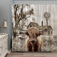 Highland Cow Western Shower Curtain Longhorn Bull Rustic Windmill Cattle Farm...