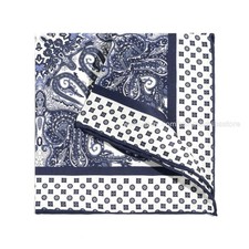 Men's Silk Twill Pocket Square Hand Rolled Blue White Paisley 30cm 11.8"