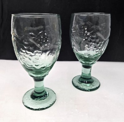 Vintage Libbey Orchard Fruit Spanish Green Glass Water Goblet Set of 2