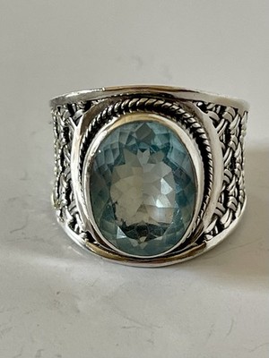 Vintage Samuel Benham BJC Blue Topaz Ring Woven Byzantine 925 Sterling Silver