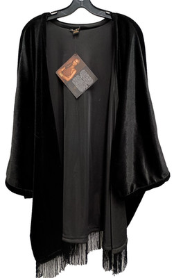 Iman BOHO Whimsygoth Kimono Top 2X Black Velvet Fringe Holiday Glam Open NWT