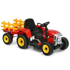 Honeyjoy 12V Kids Ride On Tractor with Trailer Ground Loader w/ RC & Lights Red