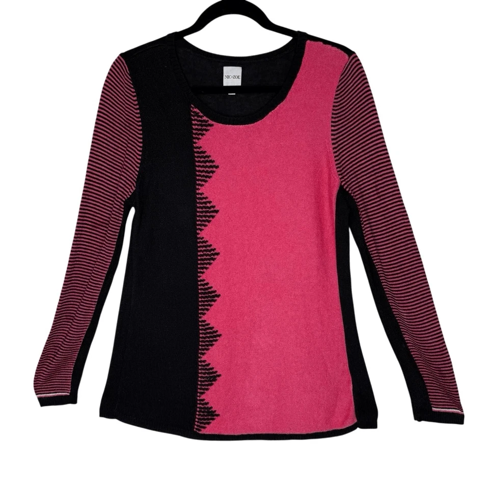 Suéter Nic+Zoe Ángulo Exterior Rosa Fresa y Negro Preppy Talla L Foto 2 de 4