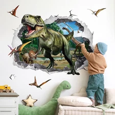 3D Large Dinosaur Wall Stickers Dino Crack Hole Dinosaur Animal Peel and Stick W