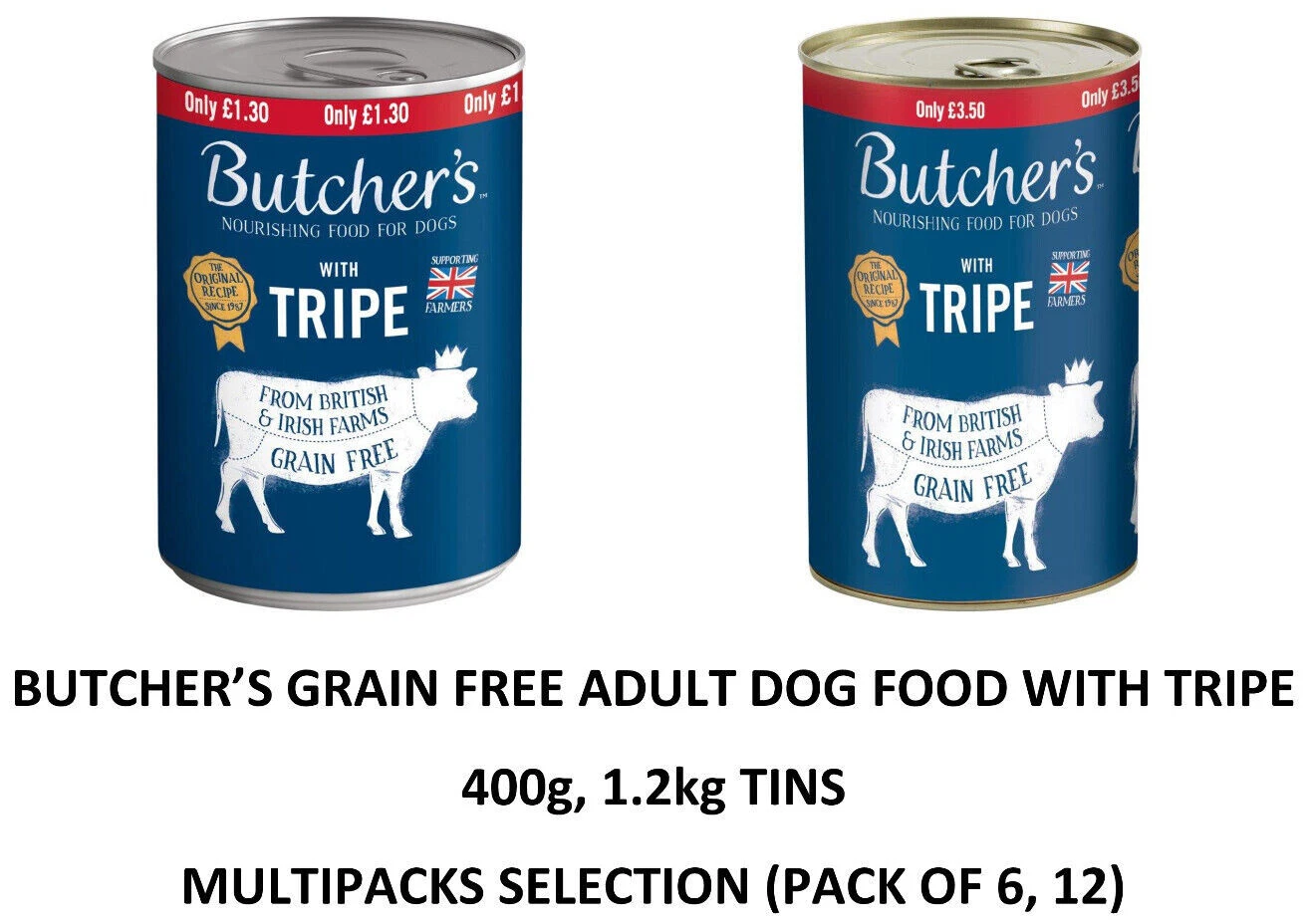 BUTCHER'S Grain Free Adult Dog Food with Tripe 400g, 1.2kg Tins (PACK OF 6, 12)