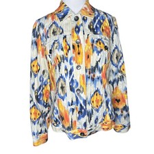 Chicos Linen Blend Water Color Ikat Button Front Jacket Size 0