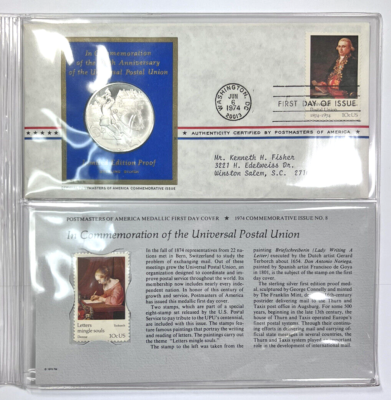 1974 Franklin Mint Sterling Silver Postal Union Medal and First