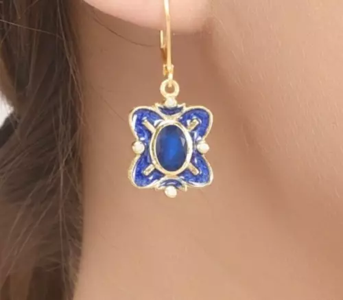 Masterly Crafted Blue Sapphire 14K Gold Plated Art Deco Enameled Earring