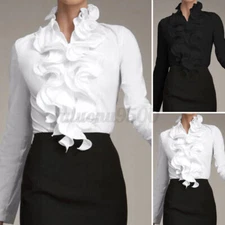 Women Buttons Down Ruffles Frill Blouse Ladies OL Office Shirt Tops Blouse S-5XL
